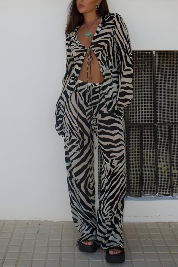 Zebra Tie Up Blouse & Pants Two Piece Set