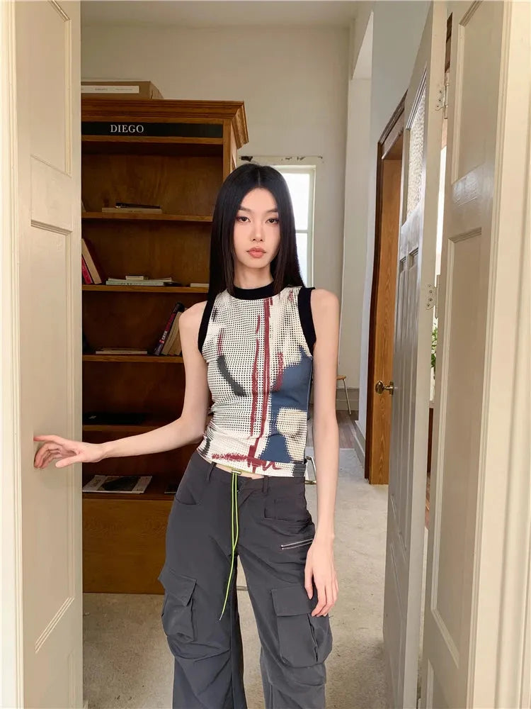 Abstract Printed Tank Top - Khaki Maxi Skirt Outfit with Tank Top