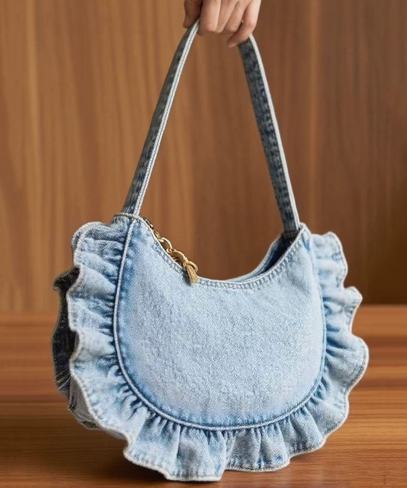 Ice Blue Clothing Women: Art Light Blue Ruffled Denim Handbags for Style