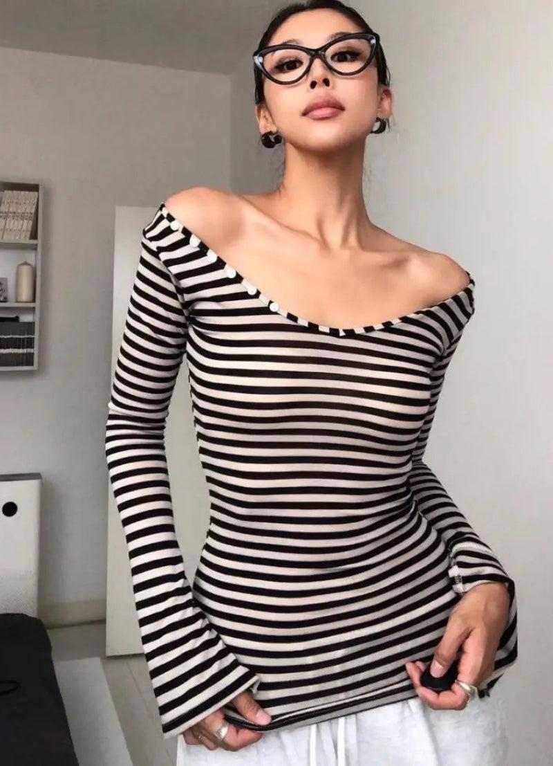 Stylish Black & White Striped Backless Top Black for Effortless Chic