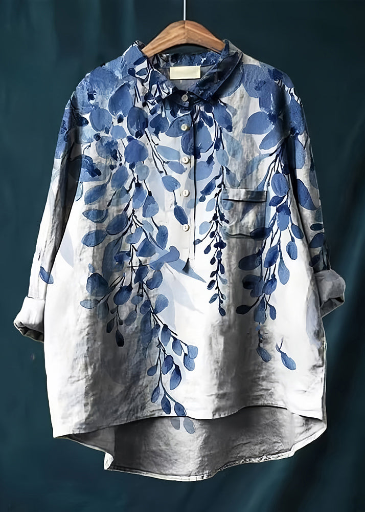 Blue Print Cotton Blouse Tops Oversized Spring - Satin Blouse Oversized