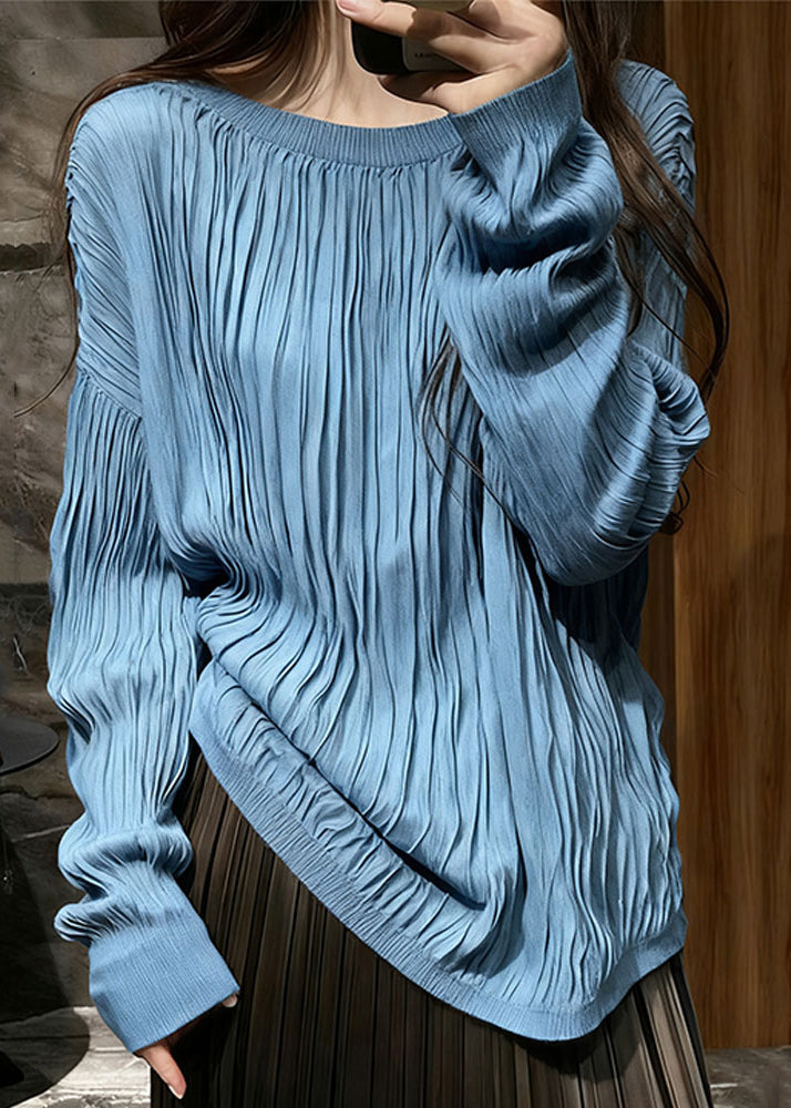 Blue Wrinkled Cozy Cotton T Shirt Top O Neck  - Mesh Long Sleeve Top Outfit