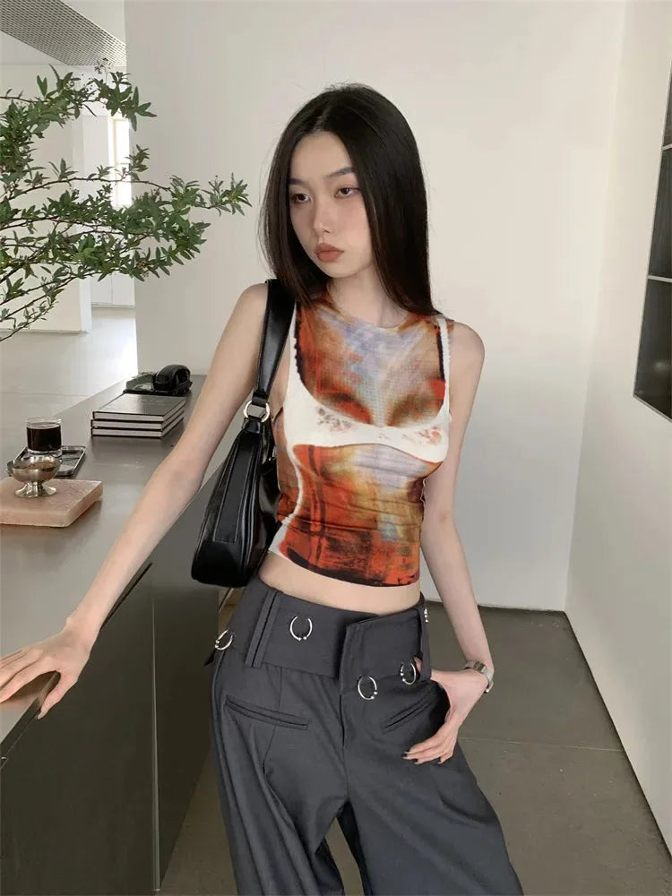 Body Printed Tank Top - Khaki Maxi Skirt Outfit with Tank Top