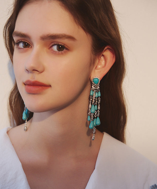 Boho Blue Zircon Tassel Drop Earrings with Opera Necklace and Dress Set