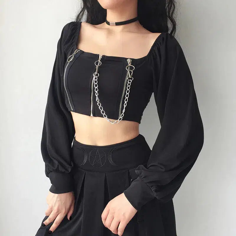 Chain Detailed Celestial Crop Top with Square Neck Design