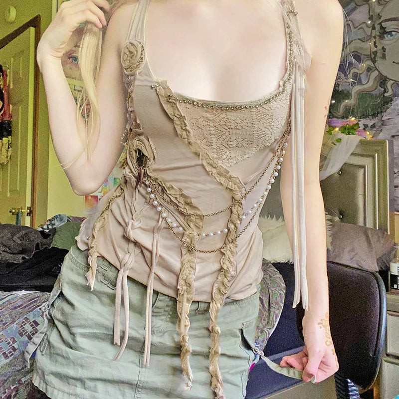 Fairy Grunge Layered Tank Top - Khaki Maxi Skirt Outfit with Tank Top