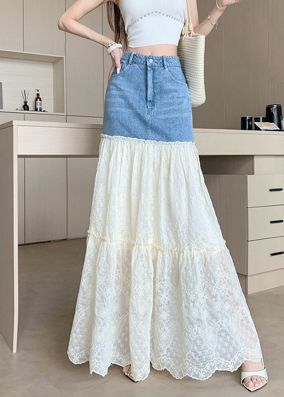 Fitted Blue Embroidered Patchwork Denim Skirts F - Holographic Skirt Outfit