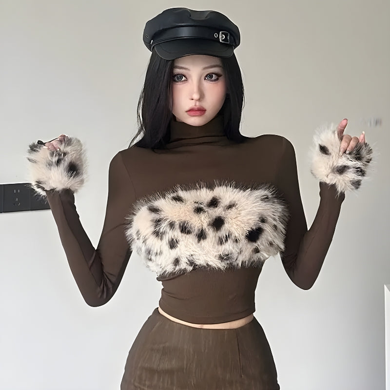 Fluffy Leopard Shoulderpad Top for a Fashion-forward Look