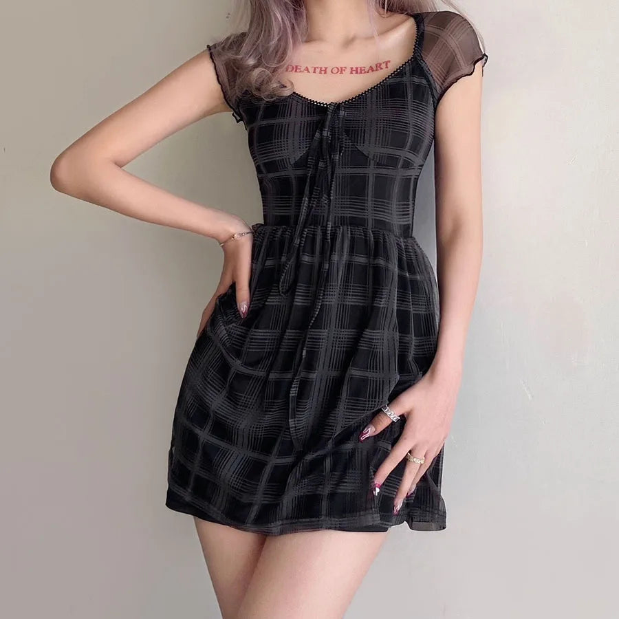 Goth Plaid Holographic Mini Dress for a Unique Fashion Statement