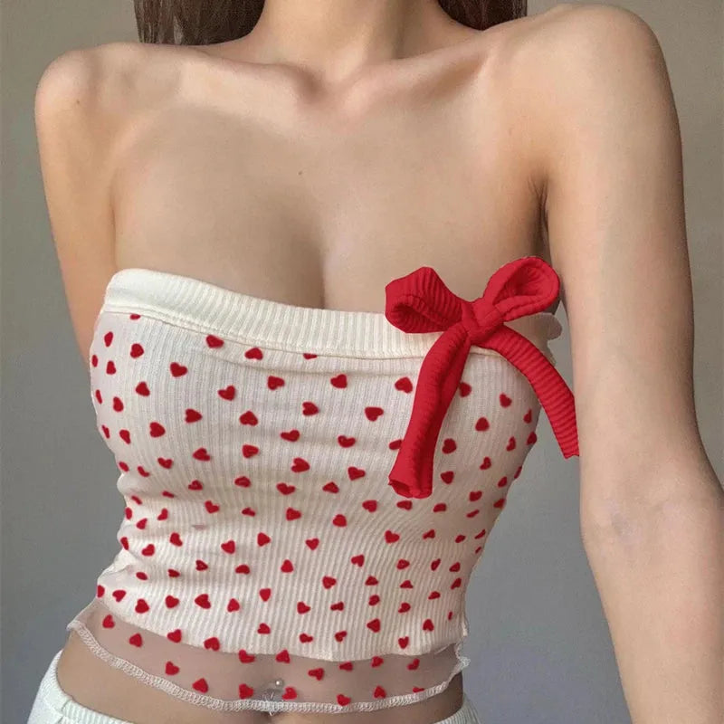 Heart Ribbed Tube Top with Stylish Shoulderpad Top Design