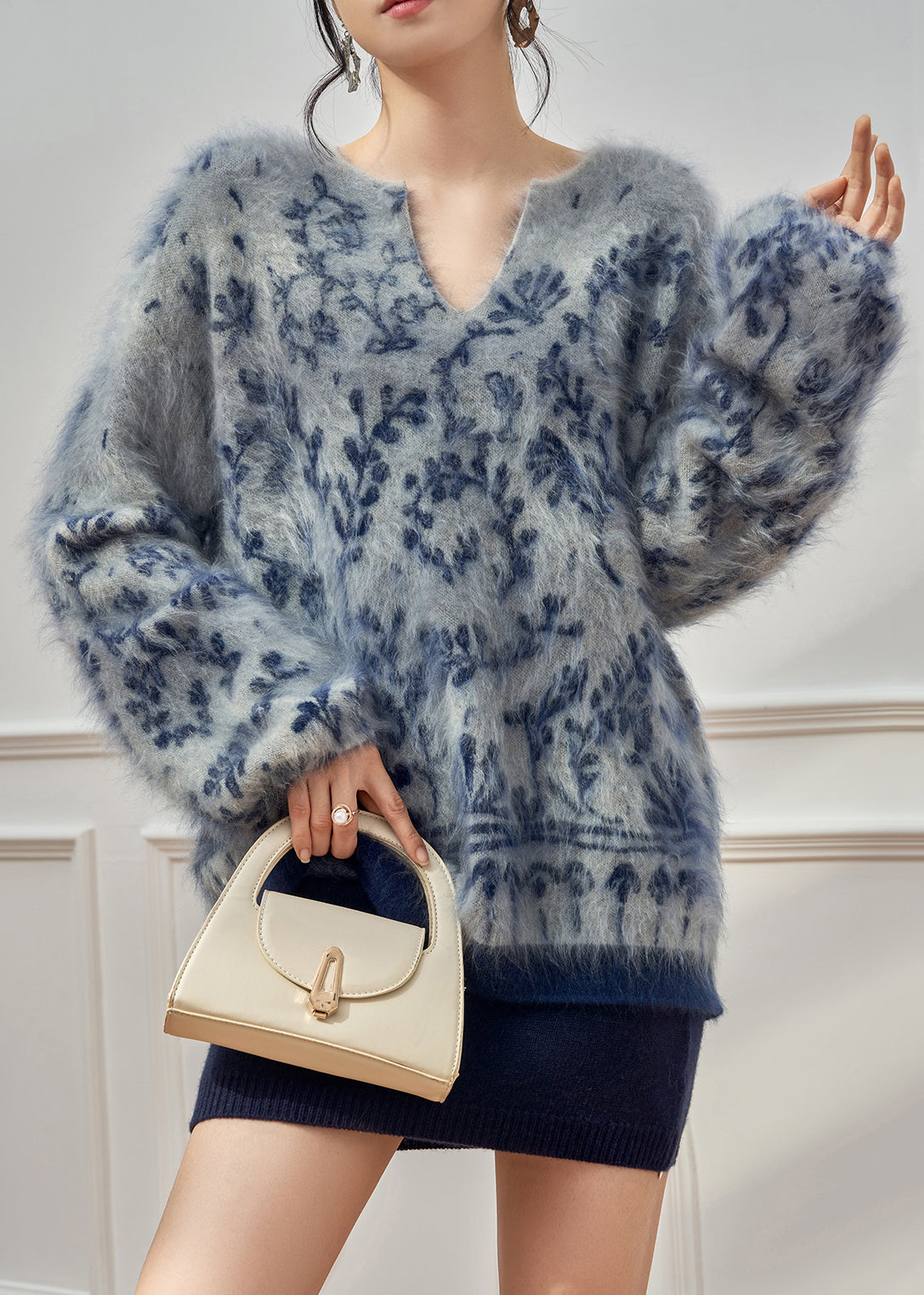 Jacquard Blue V Neck Cozy Knit Sweater Tops W - Oversized Turtleneck Outfit