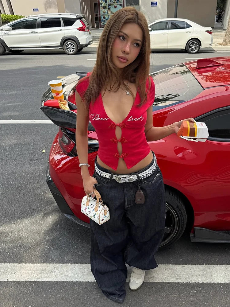 Lace-up Cut-out Celestial Crop Top for a Chic Summer Look