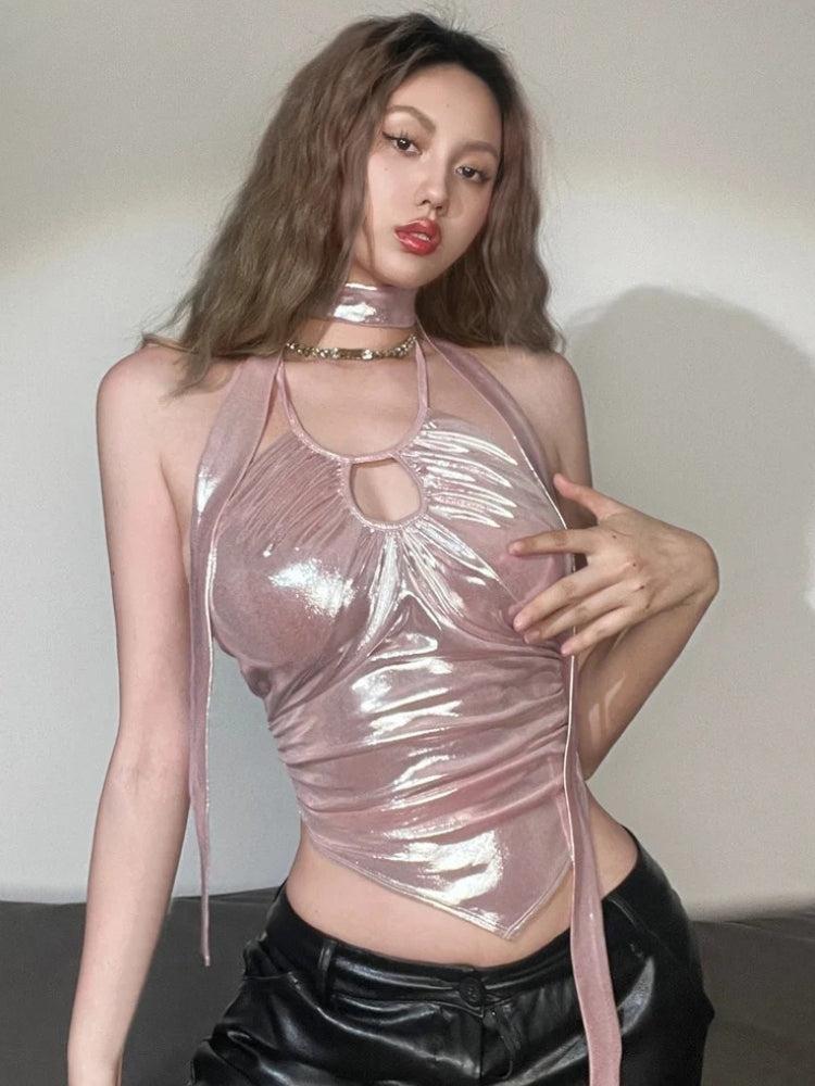 Stylish Metallic Bra Top with Halter Neck Design for a Modern Look