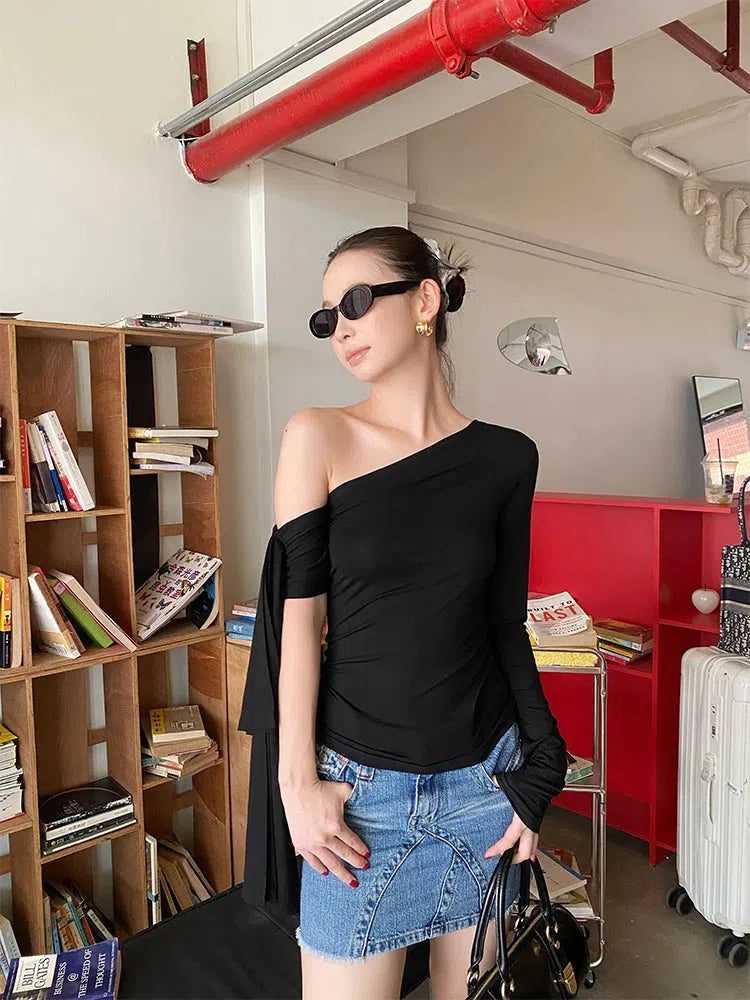 One Shoulder Basic Top - 80s Power Shoulders Blazer Outfit Casual