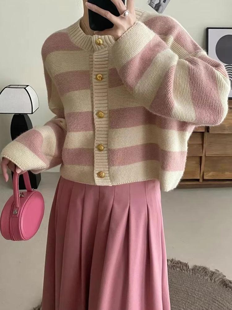 How to Layer Tweed and Knitwear with a Stylish Pink Striped Cardigan
