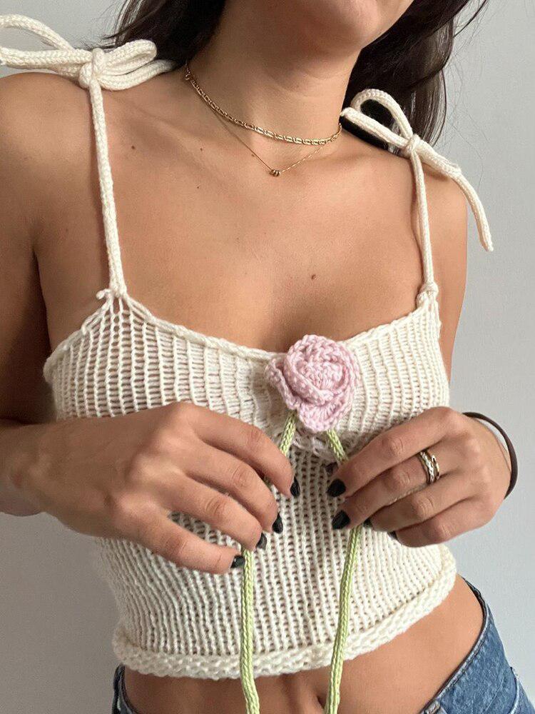 Rose Detailed Celestial Crop Top: a Chic Knitted Fashion Essential