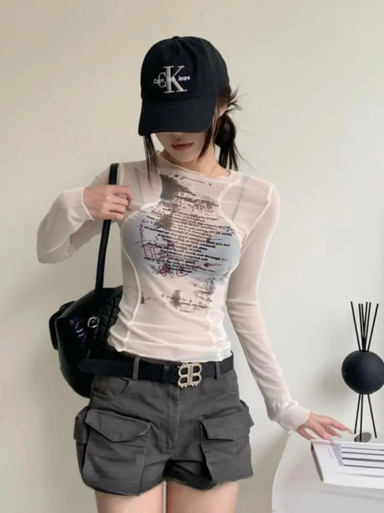 Text Print Sheer Mesh Top - Star Print Top