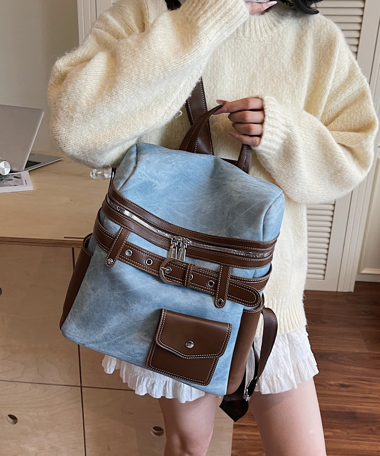 Ice Blue Clothing Women: Stylish Faux Leather Patchwork Backpack Bag