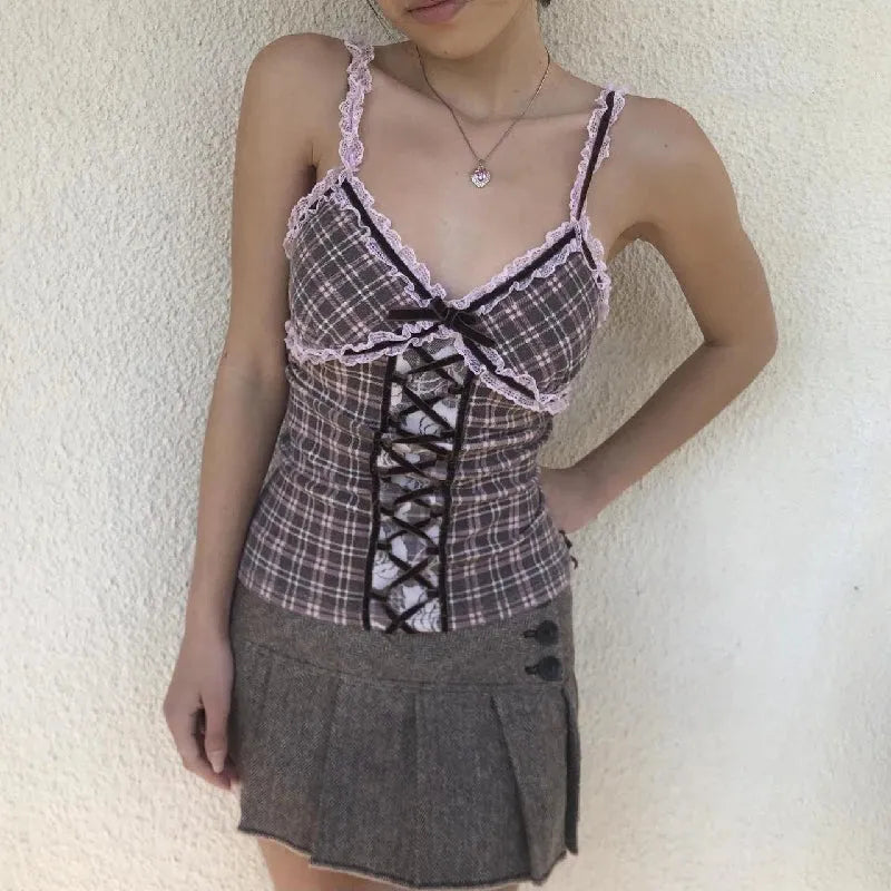 Y2k Plaid Cami Top: Perfect Lace Trim Camisole Outfit for Stylish Looks