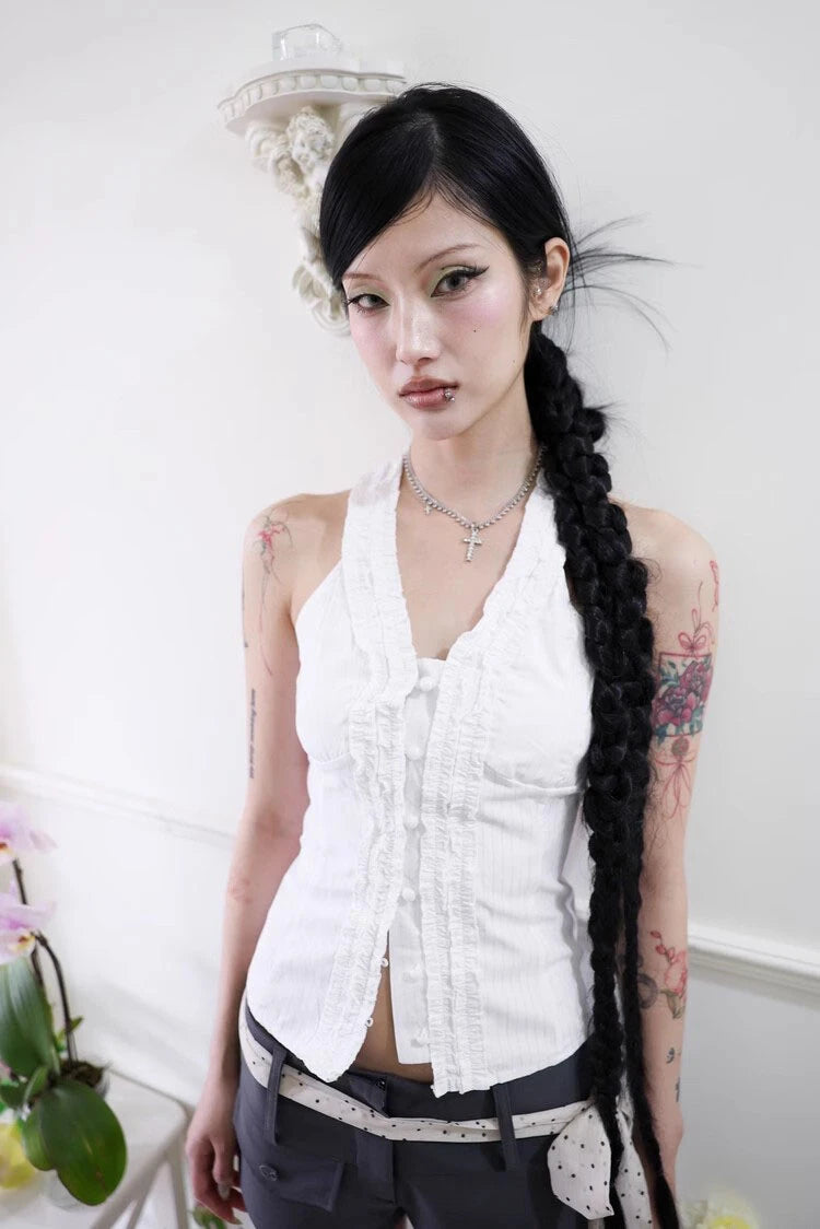 Y2k Shoulderpad Top: Trendy Ruffle Style for a Chic Look